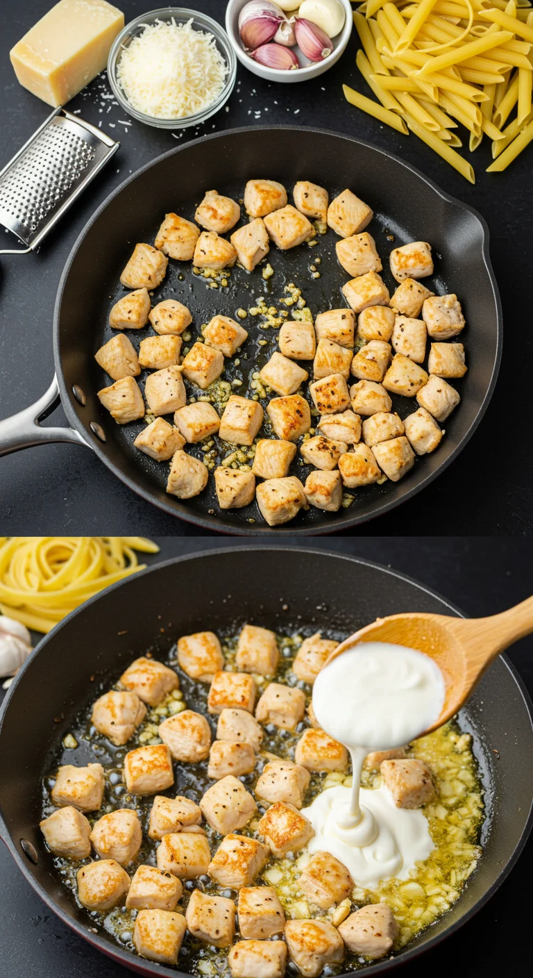 Sautéed chicken with garlic and butter for Garlic Parmesan Chicken Pasta.