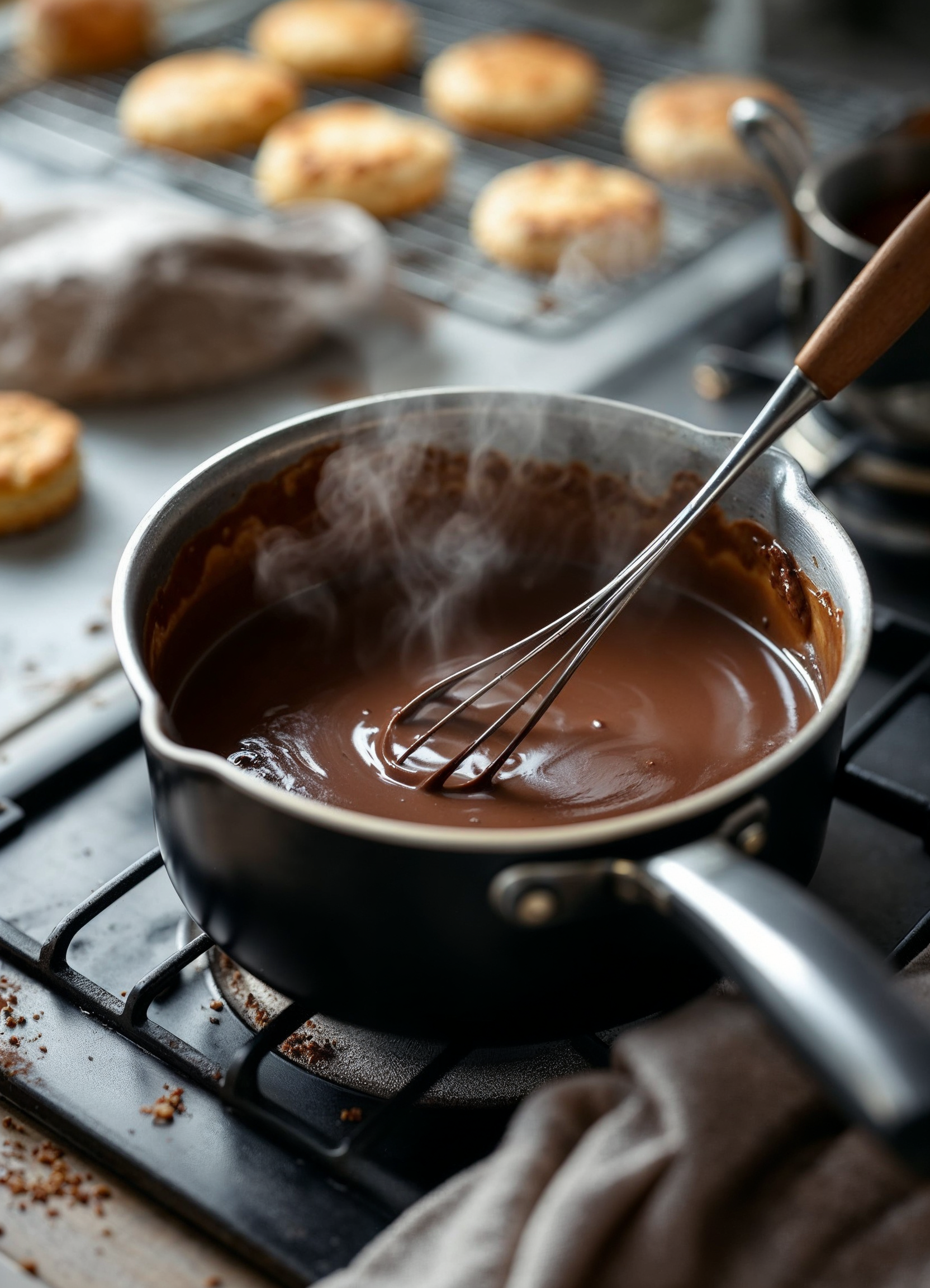 Chocolate gravy being whisked on the stove with freshly baked biscuits in the background. "