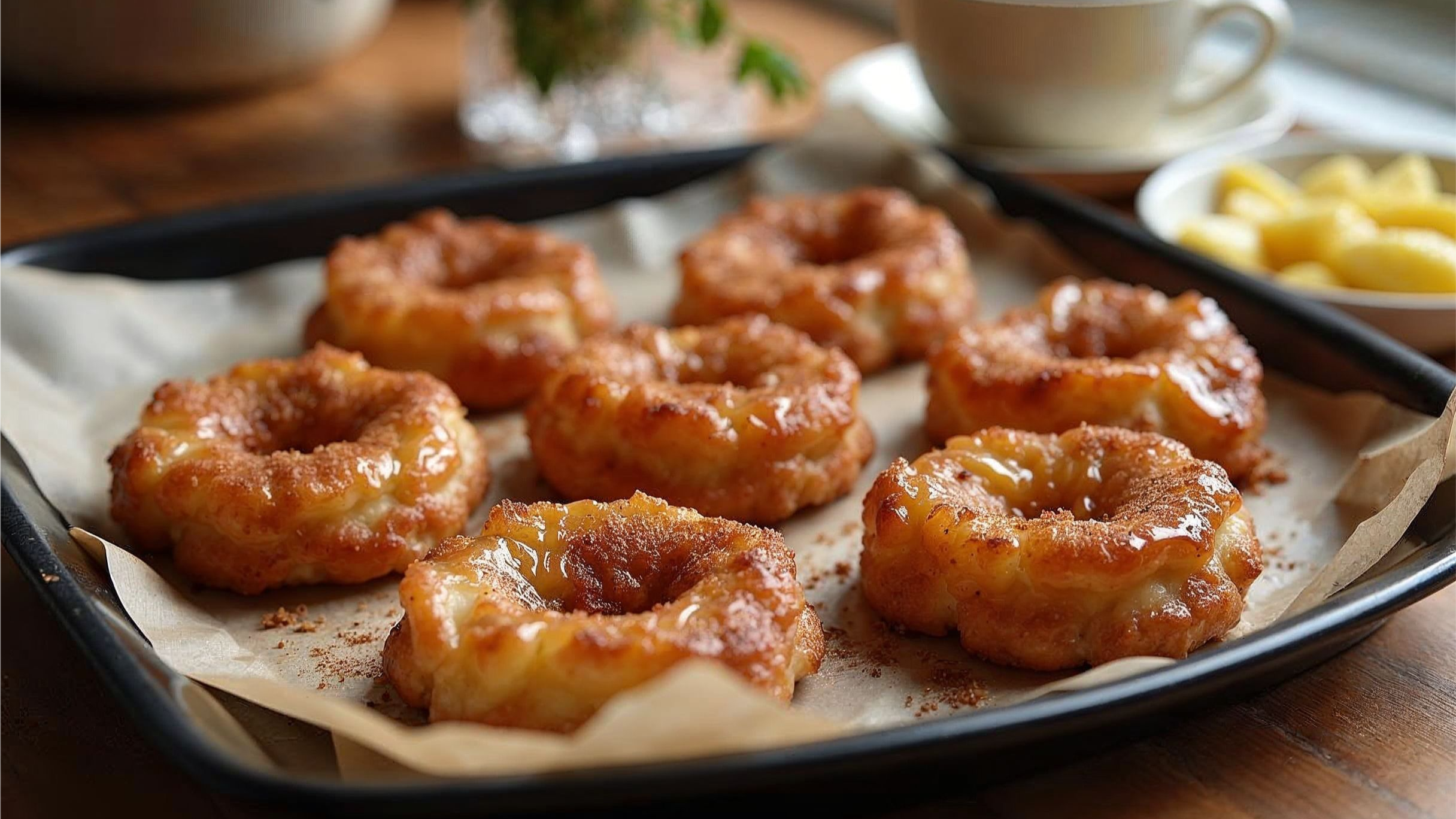 Freshly baked apple fritters with glaze on a wooden table, surrounded by coffee and chopped apples.