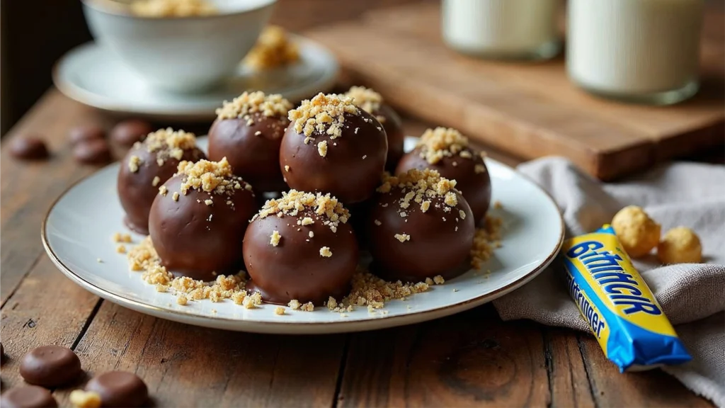 Freshly made Butterfinger Balls on a wooden table with milk and Butterfinger bars.