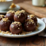 Freshly made Butterfinger Balls on a wooden table with milk and Butterfinger bars.