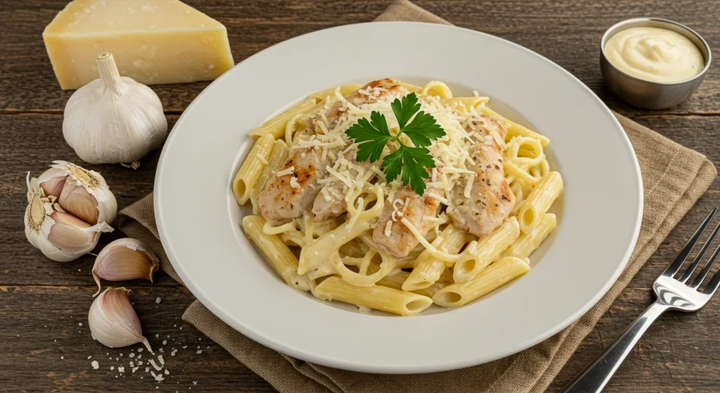 Creamy garlic Parmesan chicken pasta garnished with parsley and Parmesan cheese.