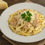 Creamy garlic Parmesan chicken pasta garnished with parsley and Parmesan cheese.