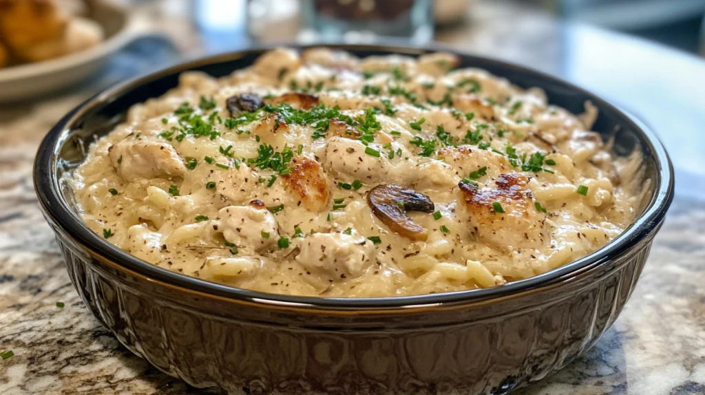 Slow-cooked ranch chicken and potatoes served with creamy sauce and garnished with parsley.