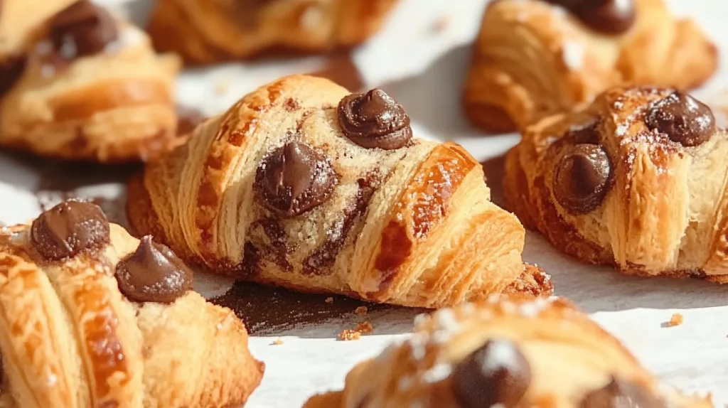 Plate of flaky croissant cookies next to coffee.