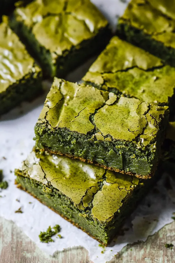 Plated matcha brownies garnished with powdered sugar and white chocolate drizzle."
Title: "Decadent Matcha Brownies