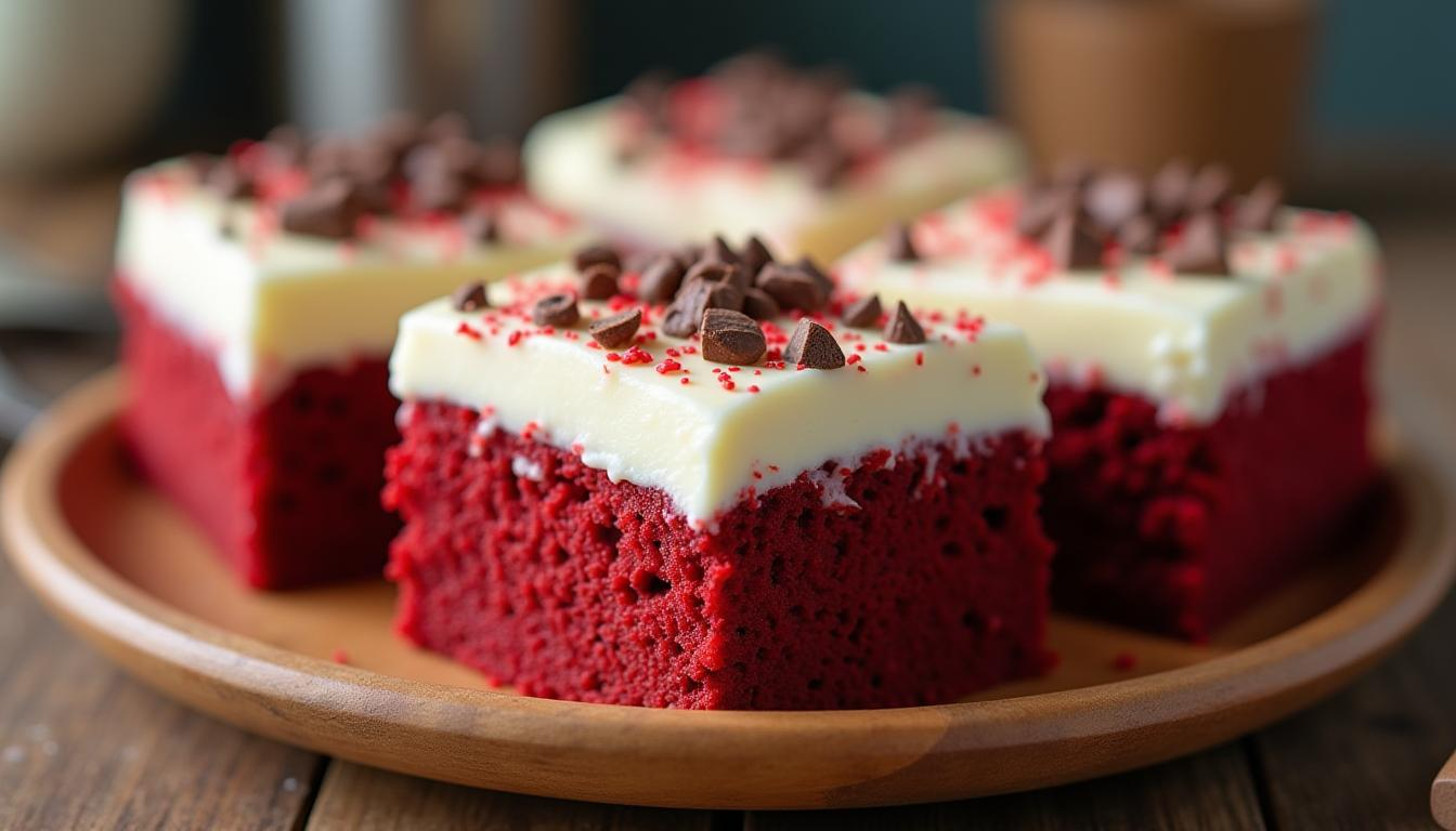 A plate of rich red velvet brownies topped with smooth cream cheese frosting and garnished with chocolate shavings.