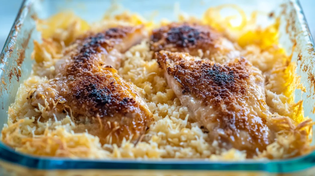 Close-up of golden-roasted Forgotten Chicken with fresh herbs on a rustic table.