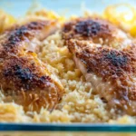 Close-up of golden-roasted Forgotten Chicken with fresh herbs on a rustic table.