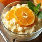 Plated Orange Dreamsicle Salad in a glass dish with whipped cream and orange zest garnish.