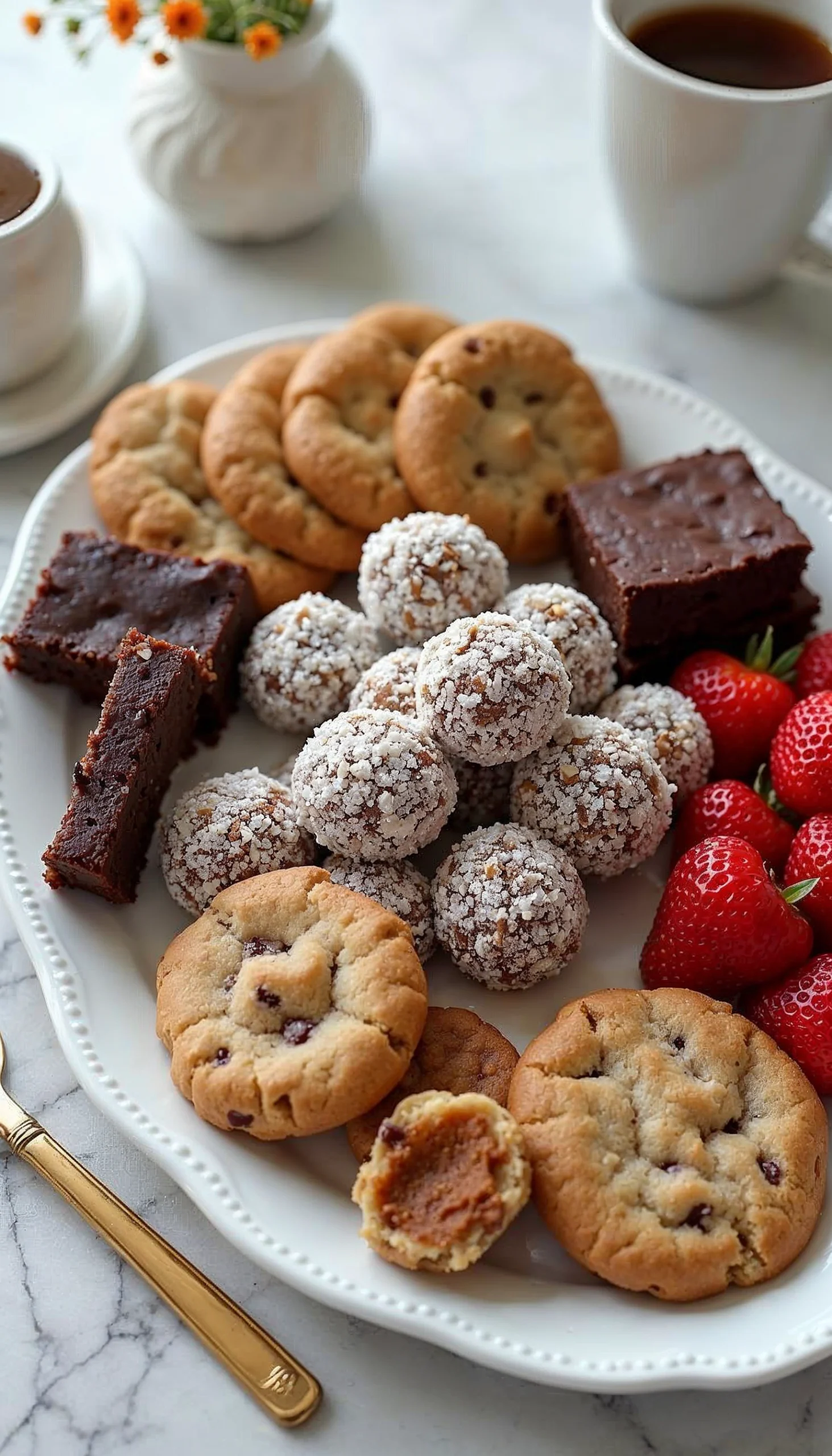 A dessert platter with Butterfinger Balls, cookies, and berries, styled with coffee and flowers.