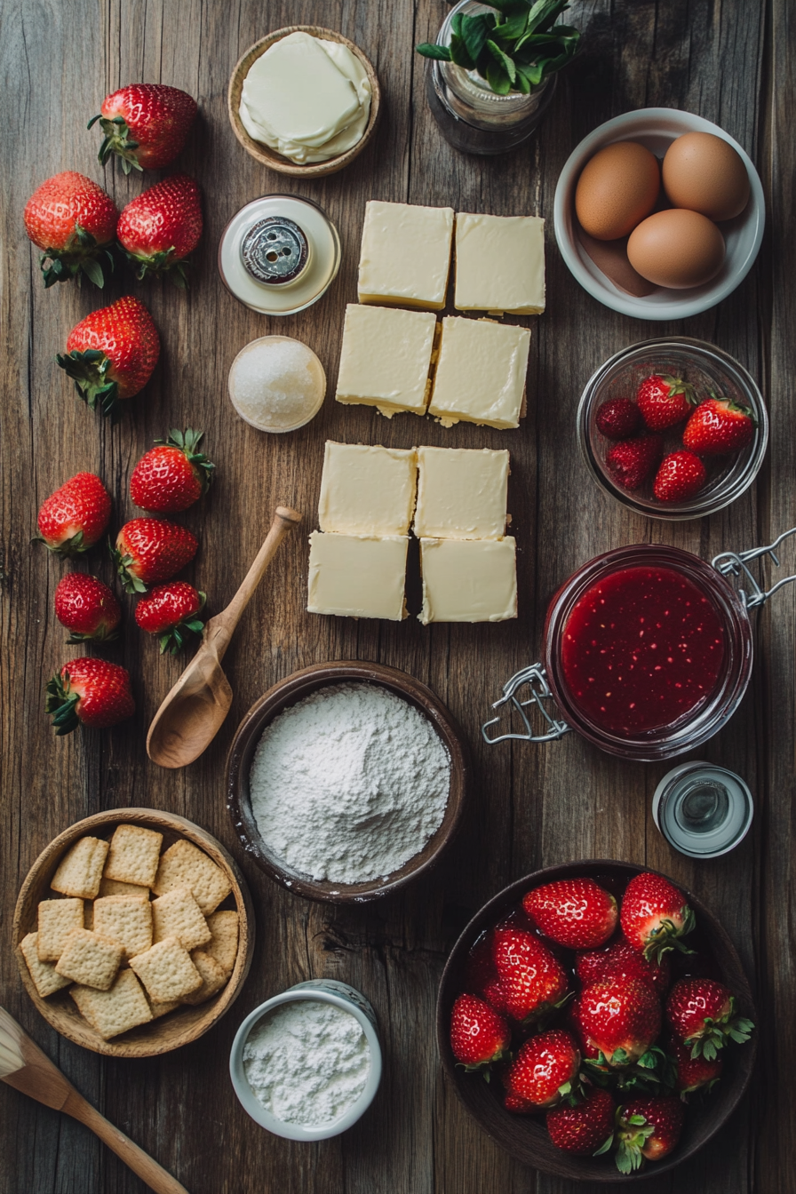 Flat lay of ingredients for Philadelphia Cheesecake Bars, including cream cheese, graham crackers, sugar, butter, eggs, vanilla extract, and fresh strawberries, arranged on a rustic wooden table.