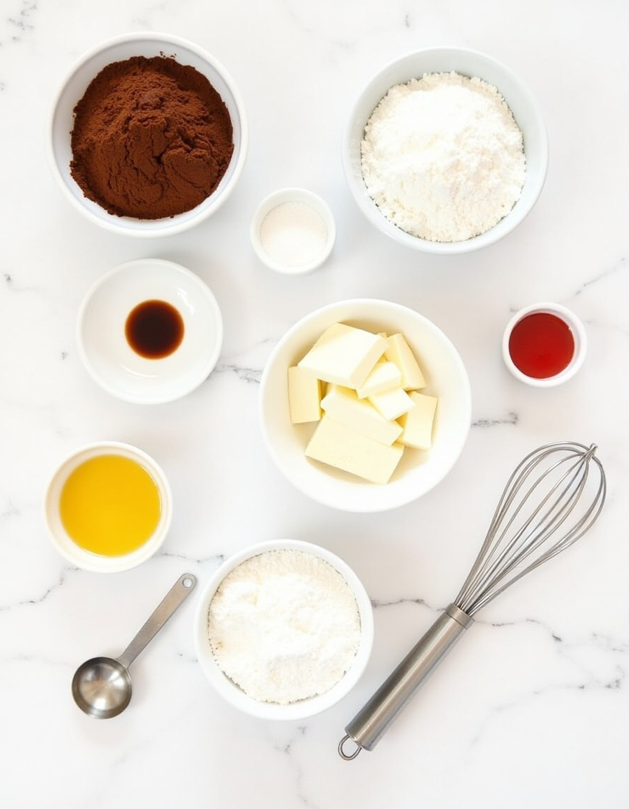 A flat lay of ingredients for red velvet brownies, including cocoa powder, sugar, eggs, vanilla, butter, and cream cheese.