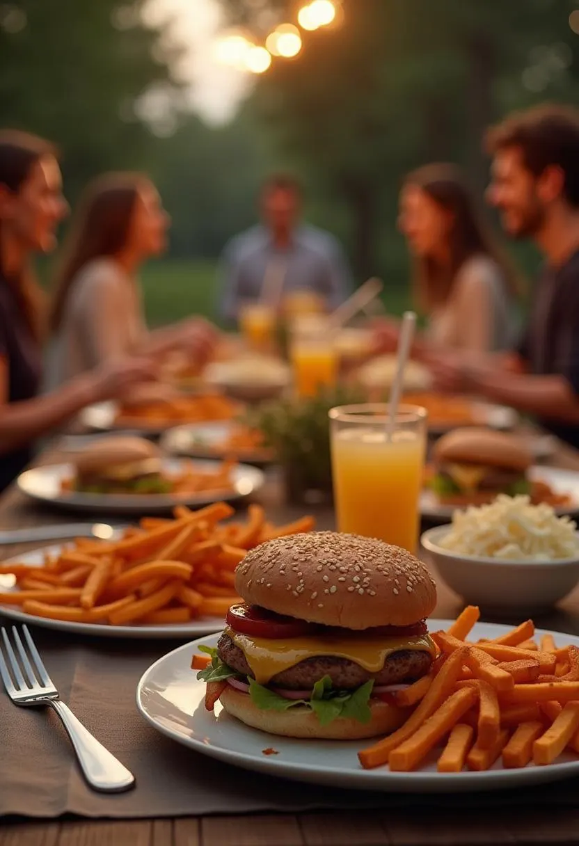 Air fryer turkey burgers served with sweet potato fries and coleslaw at a family dinner table.