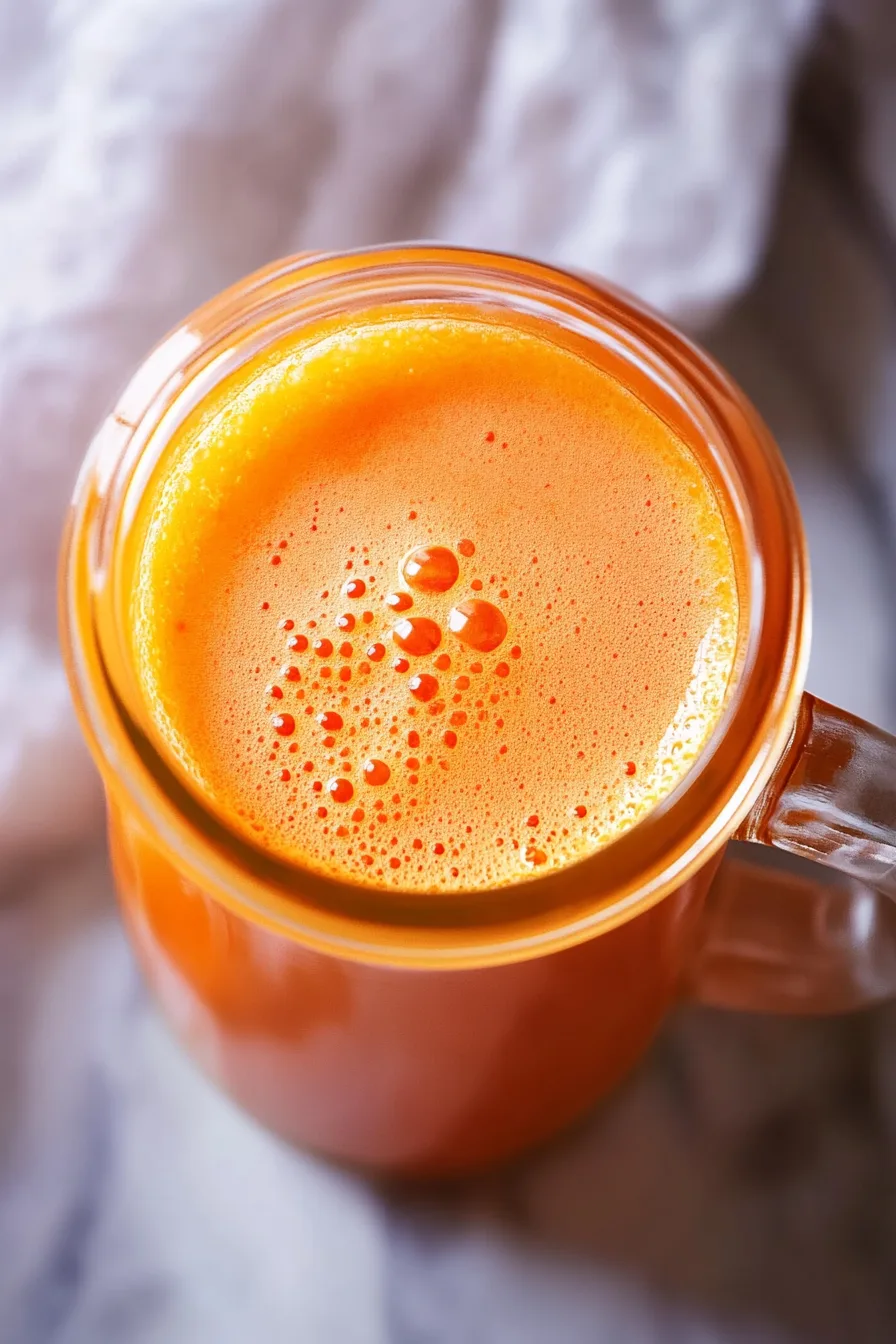 A glass of carrot juice garnished with parsley, ginger, and lemon, styled with whole carrots and turmeric in the background.