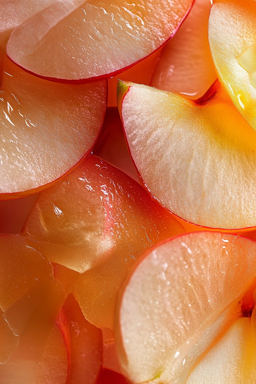 Freshly sliced Granny Smith, Honeycrisp, and Fuji apples arranged on a wooden cutting board, highlighting their vibrant colors and textures. Genshin Impact Apple Pie