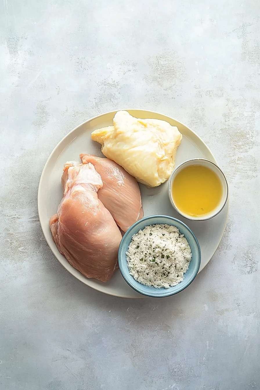 Flat lay of fresh ingredients for Crockpot Ranch Chicken and Potatoes, including chicken thighs, baby potatoes, cream cheese, and ranch seasoning.