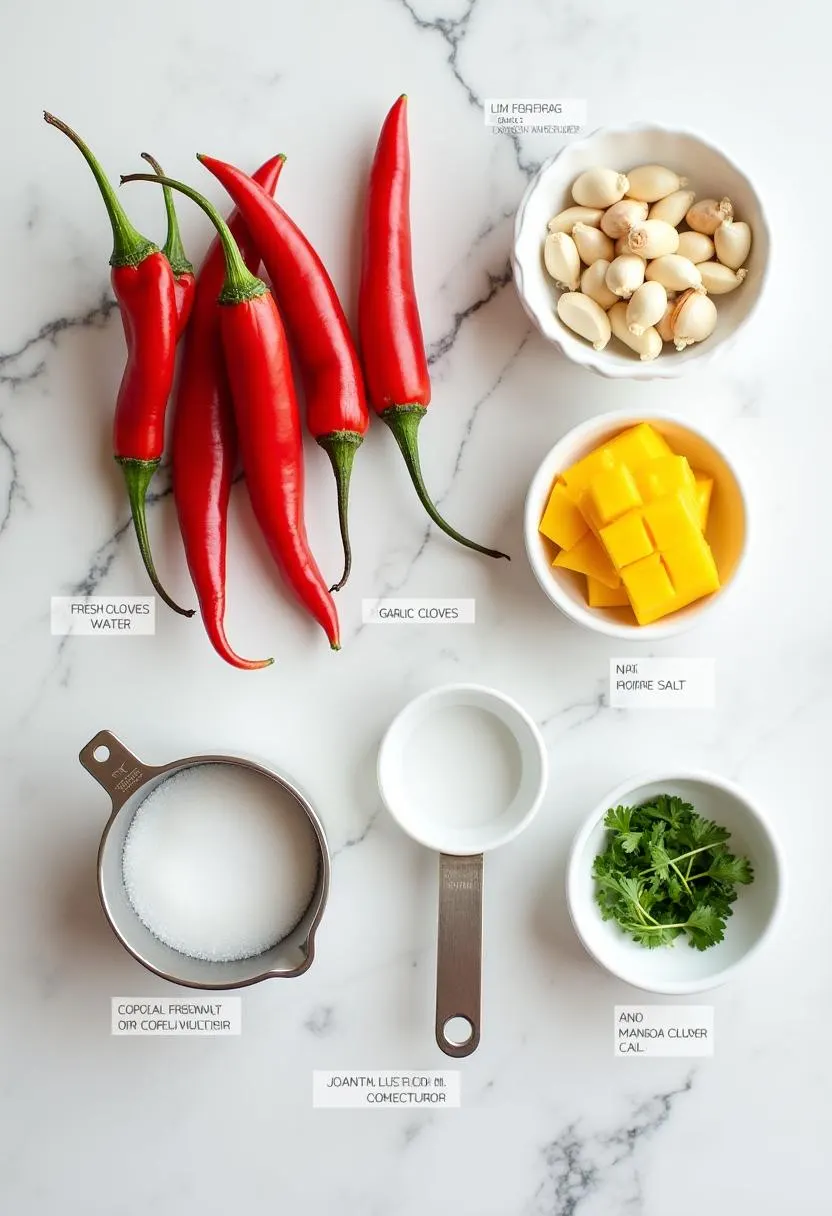 Ingredients for fermented hot pepper sauce, including chili peppers, garlic, salt, and optional add-ins like mango.