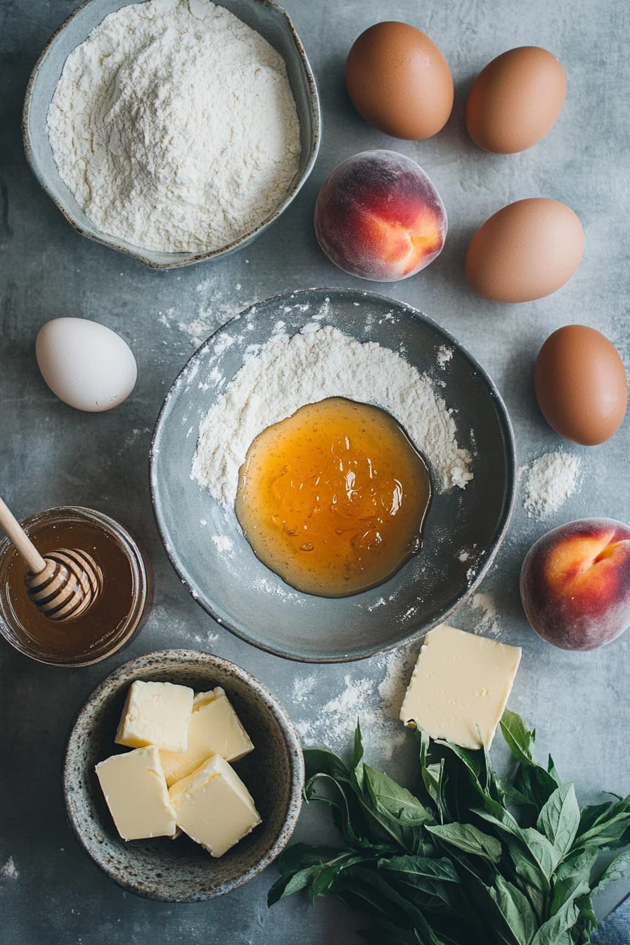 Step-by-step assembly of Honey Peach Cream Cheese Cupcakes, showing batter in liners, cream cheese filling, and peach slices being added.