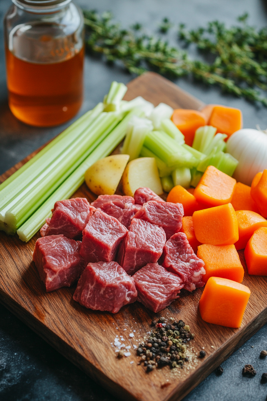 Raw beef, carrots, celery, onions, potatoes, and spices arranged on a wooden cutting board with a bottle of broth.