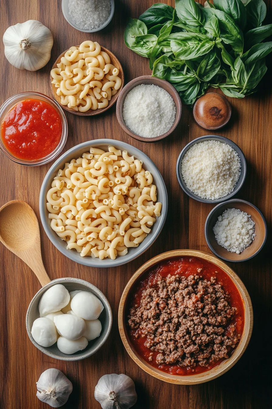 Key ingredients for a Beefaroni recipe, including ground beef, macaroni, tomato sauce, diced onions, garlic, and shredded mozzarella.