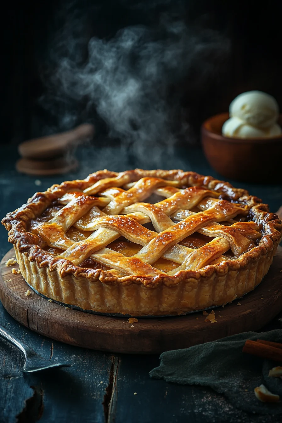 A warm apple pie with a lattice crust, served with a scoop of melting vanilla ice cream and caramel drizzle, perfect for dessert.