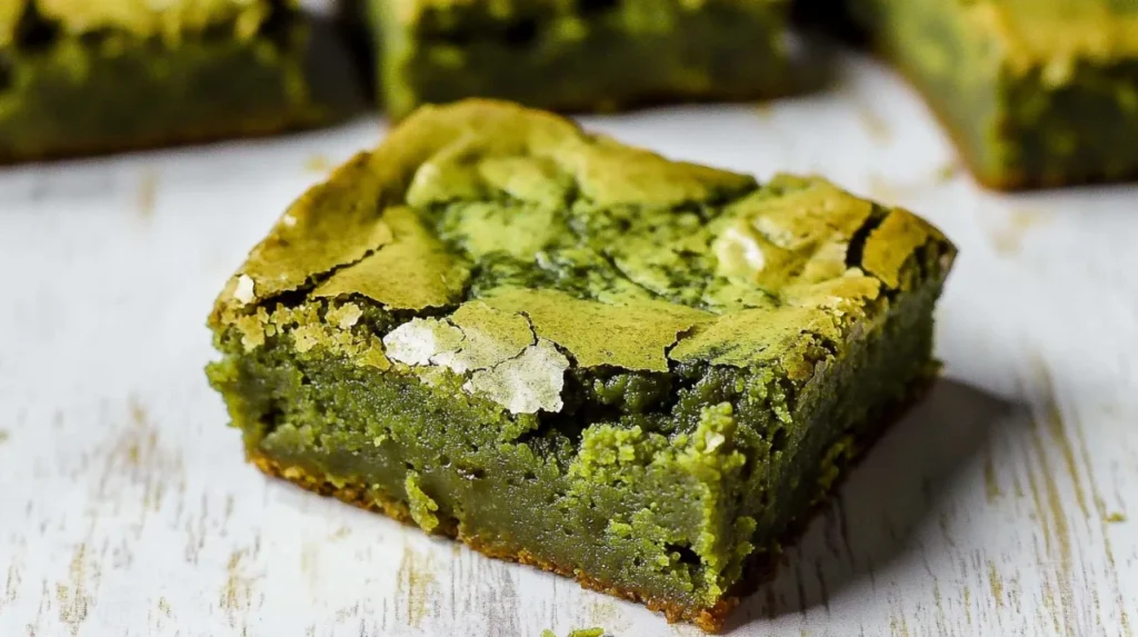 Close-up of freshly baked matcha brownies with a fudgy texture and vibrant green color.