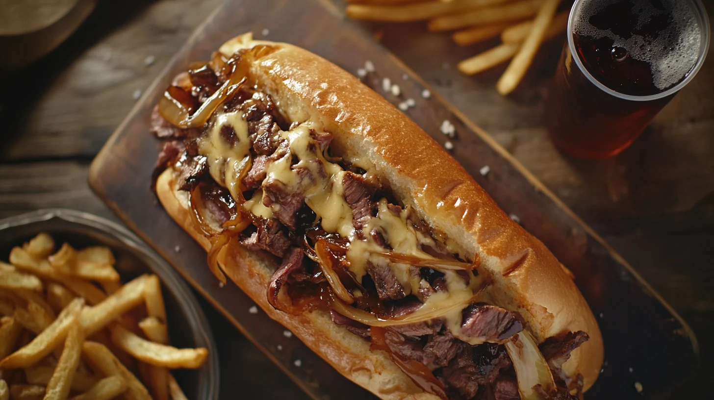 A freshly made Philly Cheesesteak sandwich with melted cheese and caramelized onions on a toasted roll.