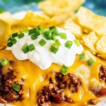 Close-up of a steaming bowl of Frito Chili Pie topped with melted cheese, corn chips, and savory chili.