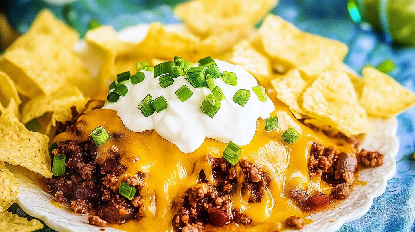 Close-up of a steaming bowl of Frito Chili Pie topped with melted cheese, corn chips, and savory chili.