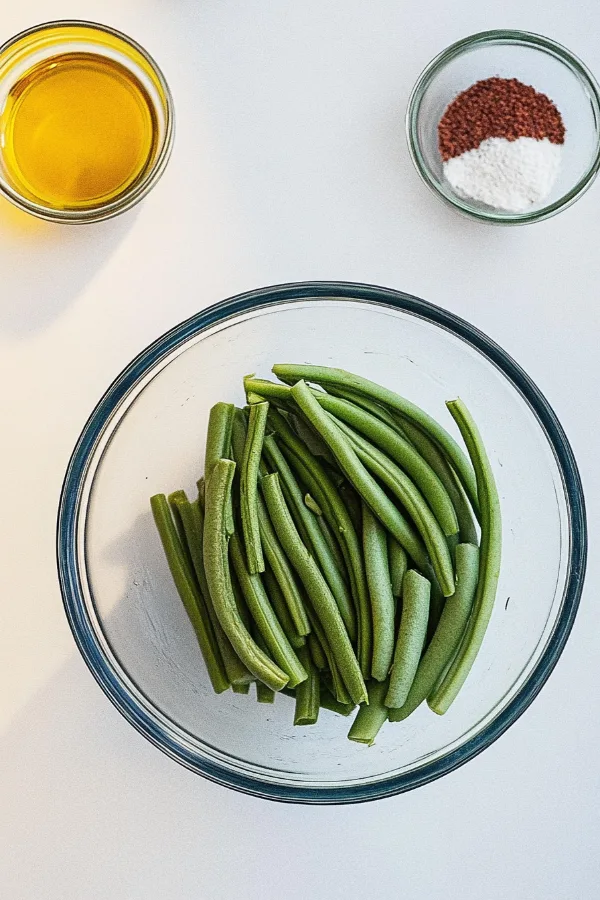 Ingredients for sautéed frozen green beans, including frozen green beans, olive oil, garlic cloves, red pepper flakes, salt, and pepper, arranged on a wooden countertop.