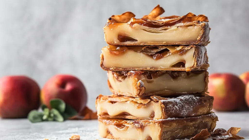 A golden, perfectly baked Genshin Impact Apple Pie with a flaky crust, garnished with a dollop of whipped cream and cinnamon sticks, showcased as a featured recipe.