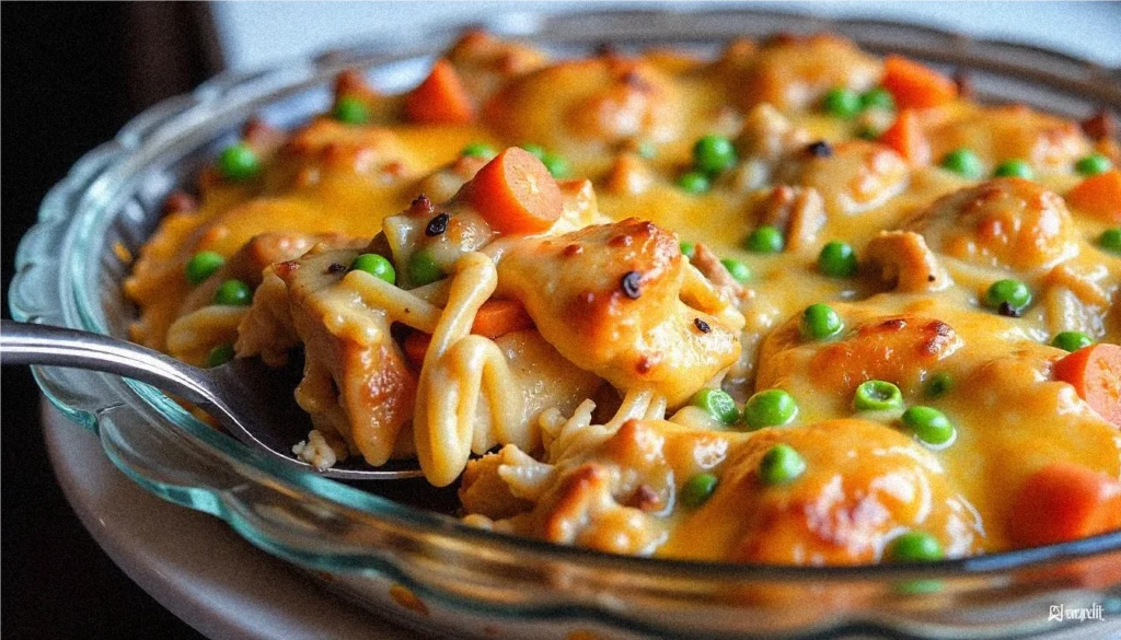 Golden Chicken Tamale Pie with melted cheese and cilantro garnish.