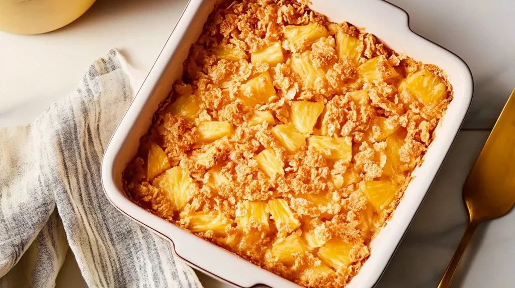 A freshly baked pineapple casserole with a golden, crispy topping served in a white baking dish.