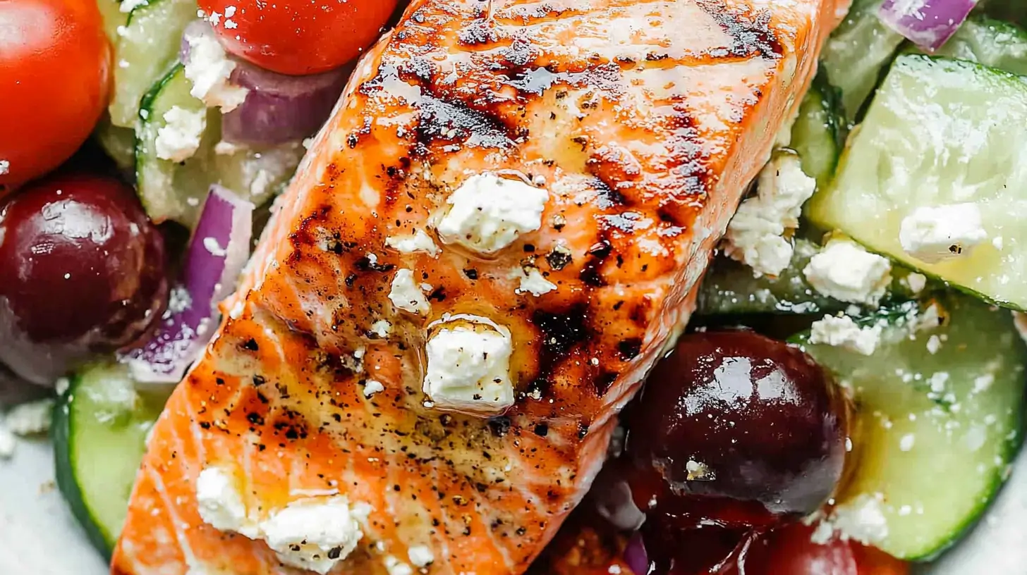 Mouth-watering grilled salmon salad with fresh greens, tomatoes, and a tangy dressing.