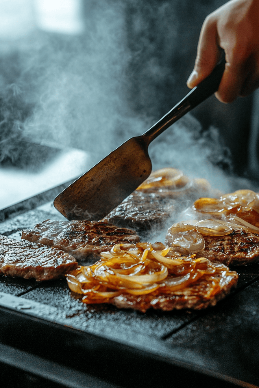 A chef grilling ribeye steak and onions with cheese melting on a flat griddle for a Philly Cheesesteak.