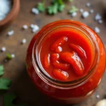 Vibrant fermented hot pepper sauce in a jar surrounded by fresh ingredients. Title: Homemade Fermented Hot Pepper Sauce