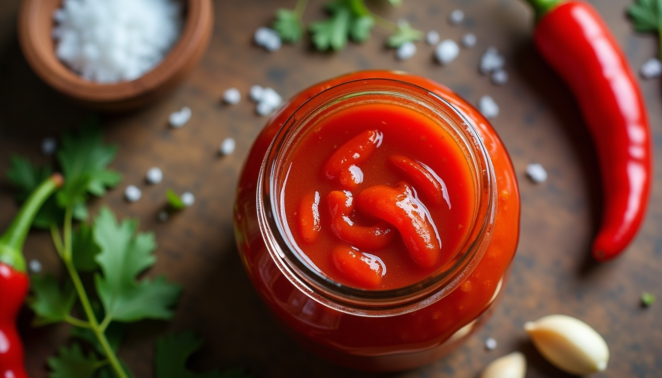 Vibrant fermented hot pepper sauce in a jar surrounded by fresh ingredients. Title: Homemade Fermented Hot Pepper Sauce