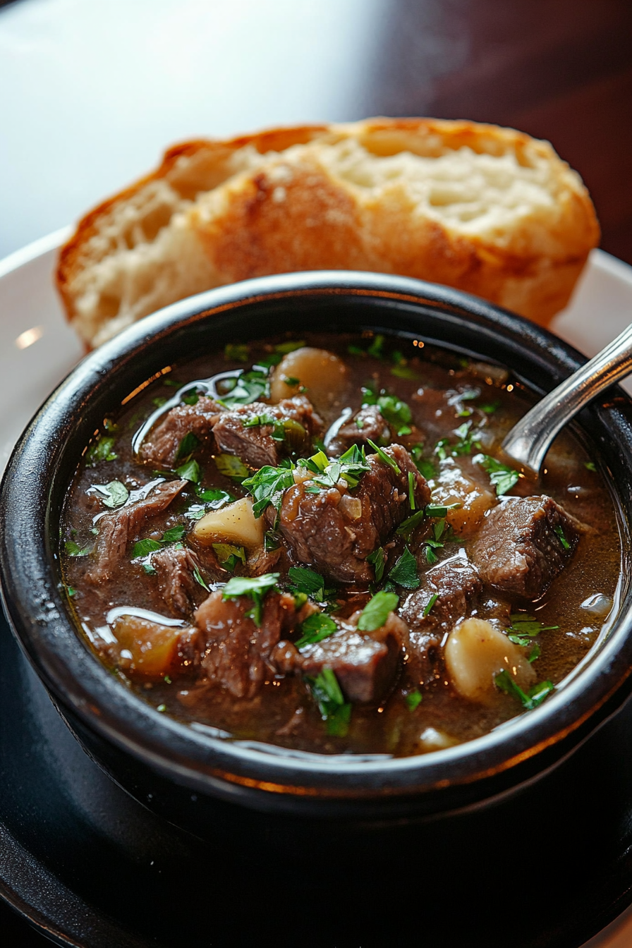 A close-up of vegetable beef soup garnished with parsley, served with crusty bread and a spoon revealing chunks of beef and vegetables.