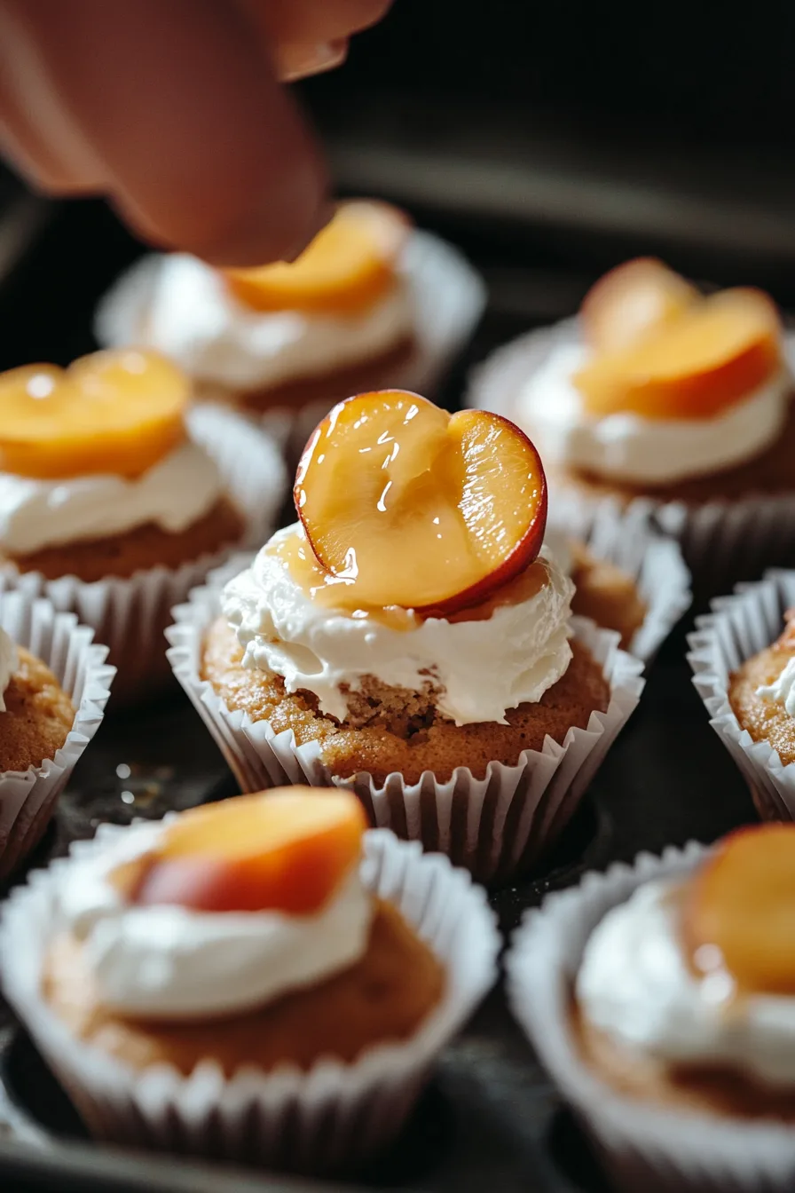 Honey Peach Cream Cheese Cupcakes beautifully frosted and topped with peach slices, honey drizzle, and edible flowers, displayed on a white plate.