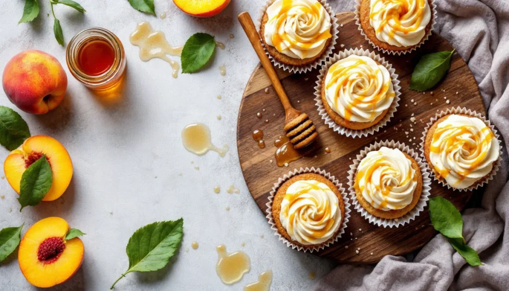 A tray of Honey Peach Cream Cheese Cupcakes topped with honey drizzle and fresh peach slices, arranged on a rustic wooden table.