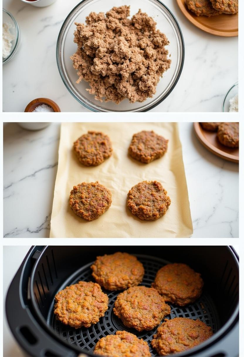 Step-by-step preparation of air fryer turkey burgers from mixing to cooking.