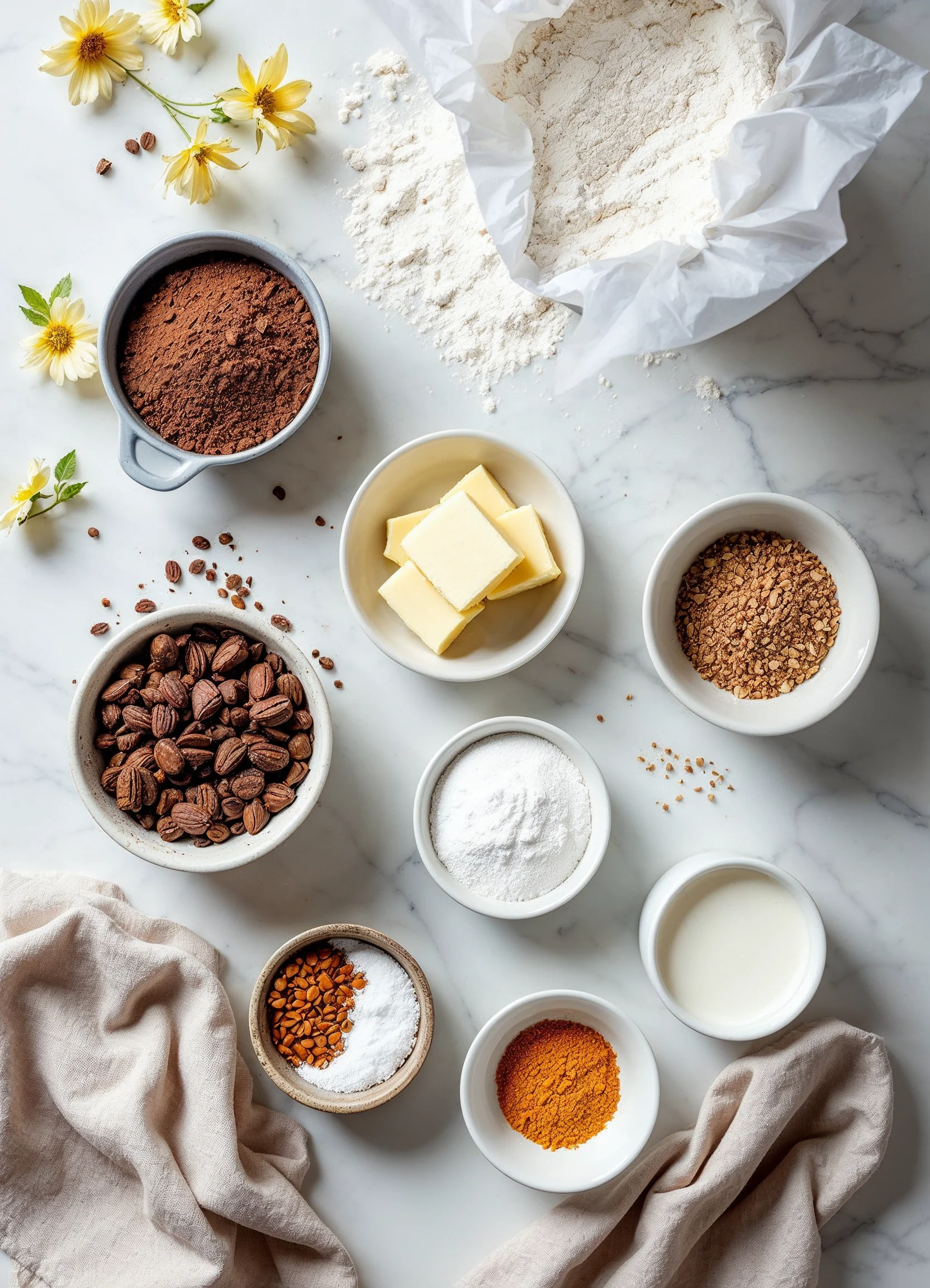 Fresh ingredients like flour, butter, and cocoa powder arranged on a marble countertop, ready for cooking.