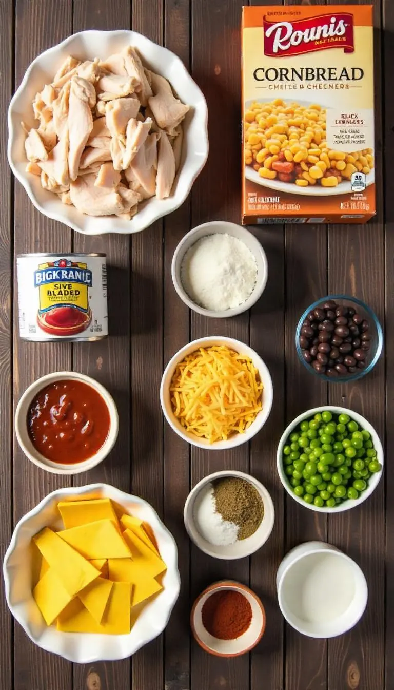 Ingredients for Chicken Tamale Pie including chicken, cornbread mix, and spices.