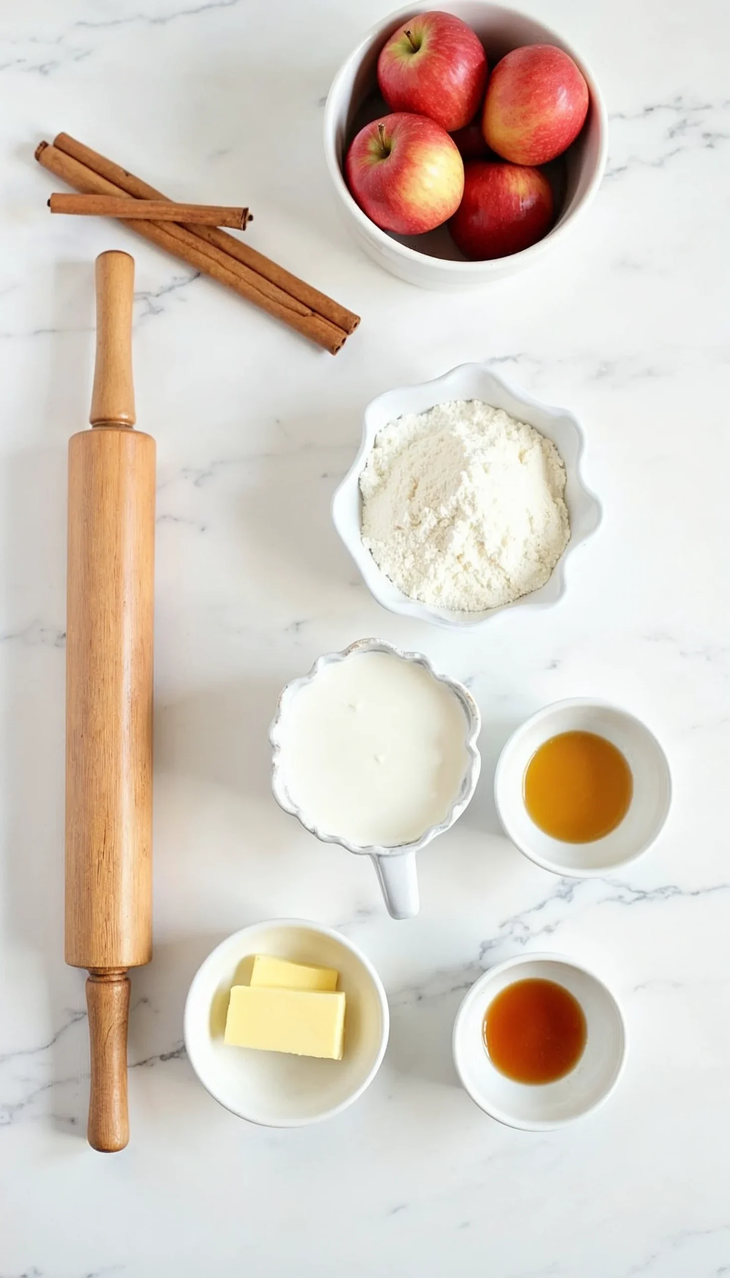 Ingredients for baked apple fritters arranged on a marble countertop, including apples, flour, sugar, and cinnamon.