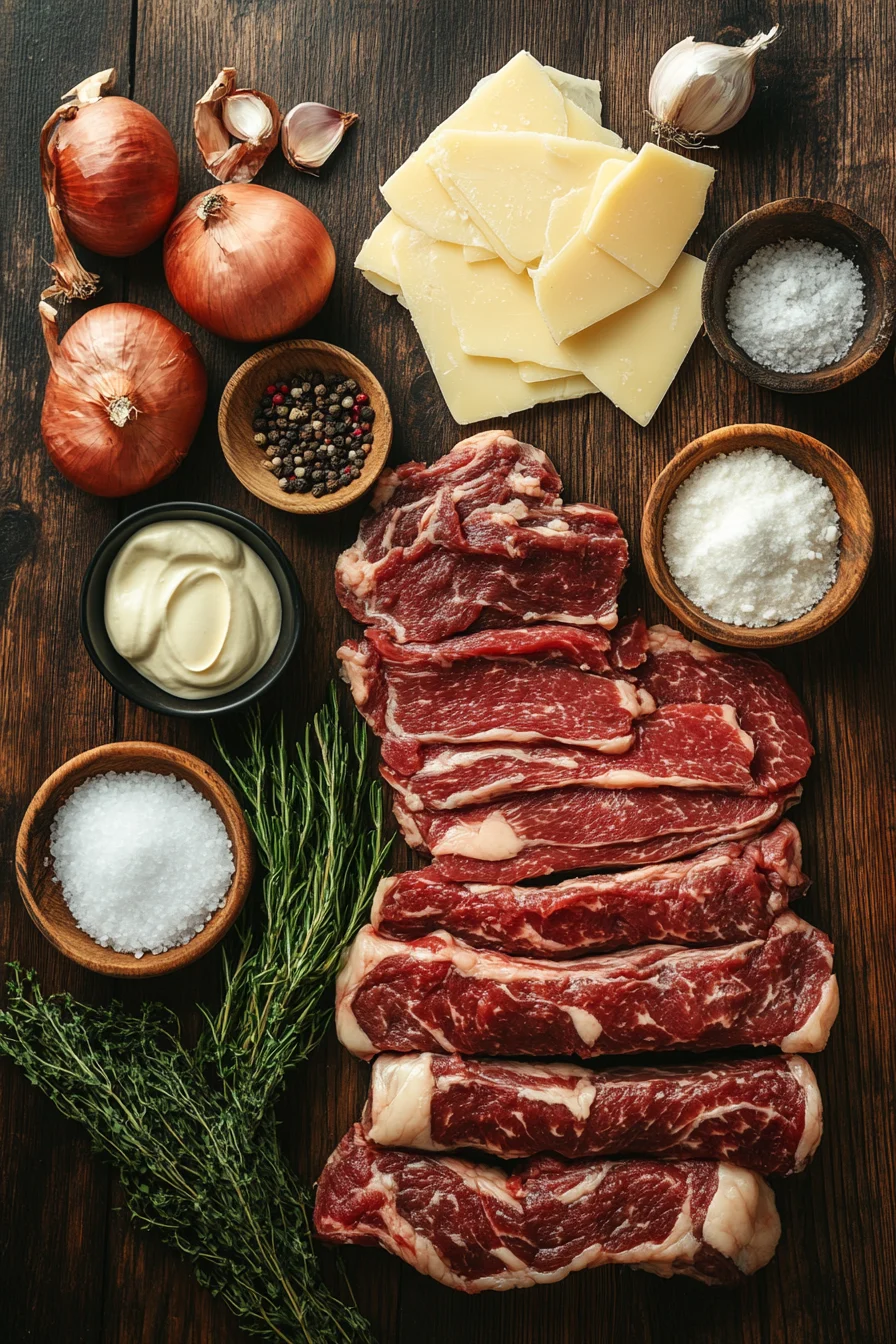 Ingredients for a Philly Cheesesteak recipe including ribeye steak, hoagie rolls, caramelized onions, and provolone cheese on a wooden table.