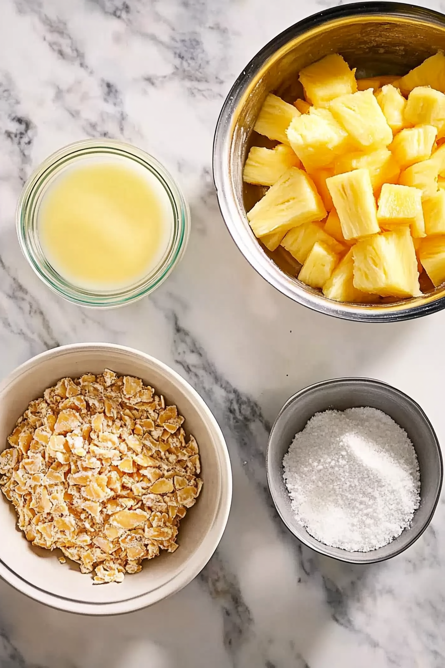 Ingredients for a pineapple casserole recipe including fresh pineapple chunks, shredded cheese, crushed crackers, and melted butter.