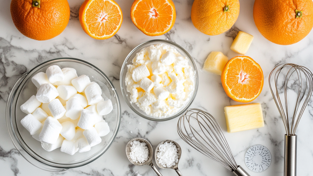 Ingredients for Orange Dreamsicle Salad, including whipped topping, orange gelatin, marshmallows, and mandarin oranges.