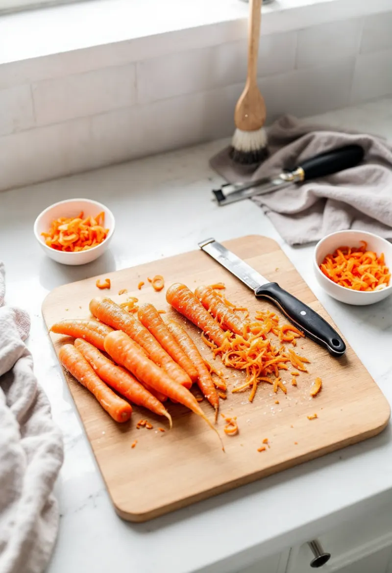 Chopped carrots being juiced with a juicer, showing fresh orange juice flowing into a glass container during the juicing process.