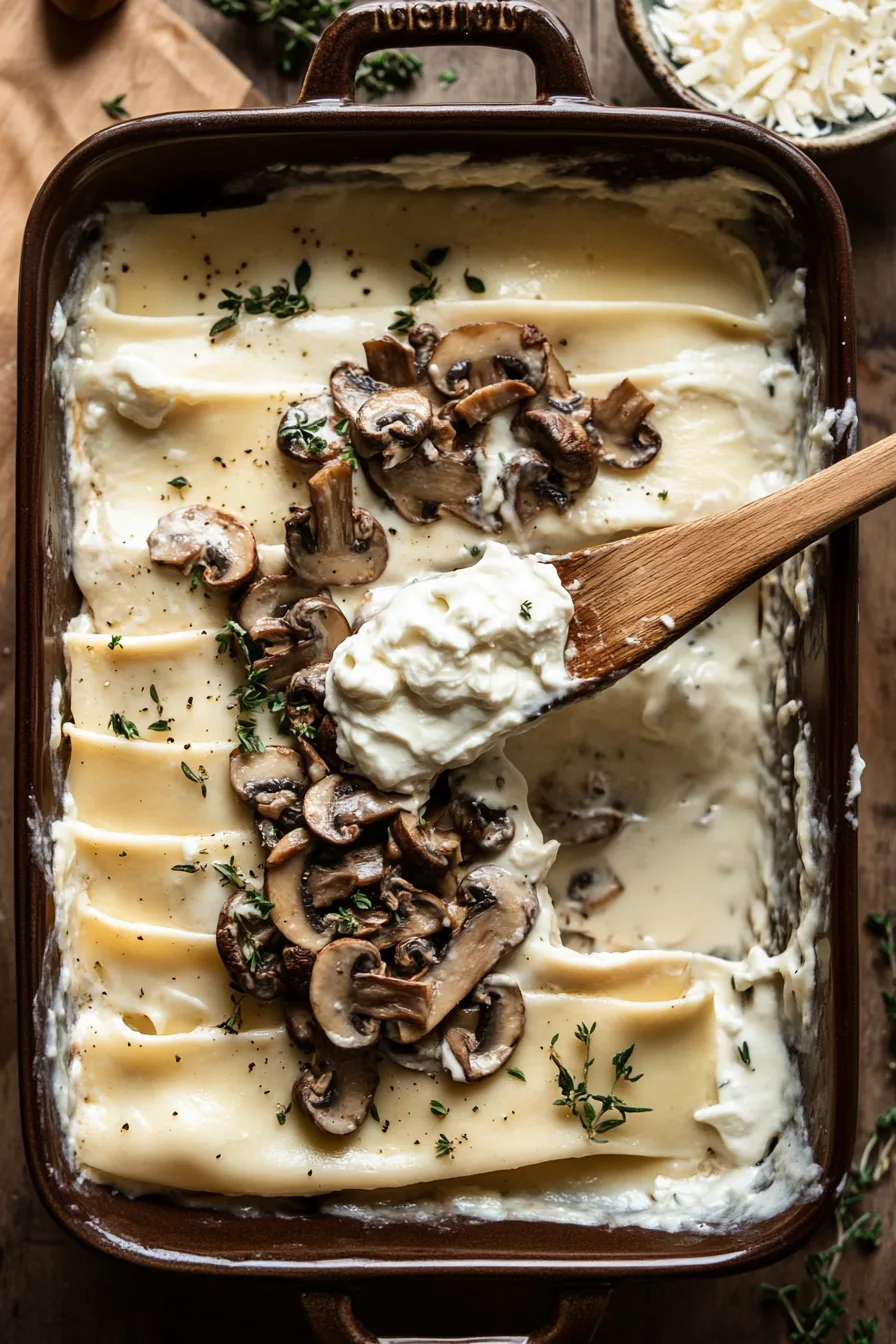 A baking dish being layered with béchamel sauce, mushrooms, ricotta cheese, and lasagna sheets.